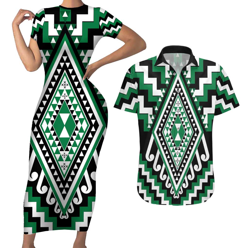 Green Aotearoa Taniko Poutama Patikitiki Couples Matching Short Sleeve Bodycon Dress and Hawaiian Shirt