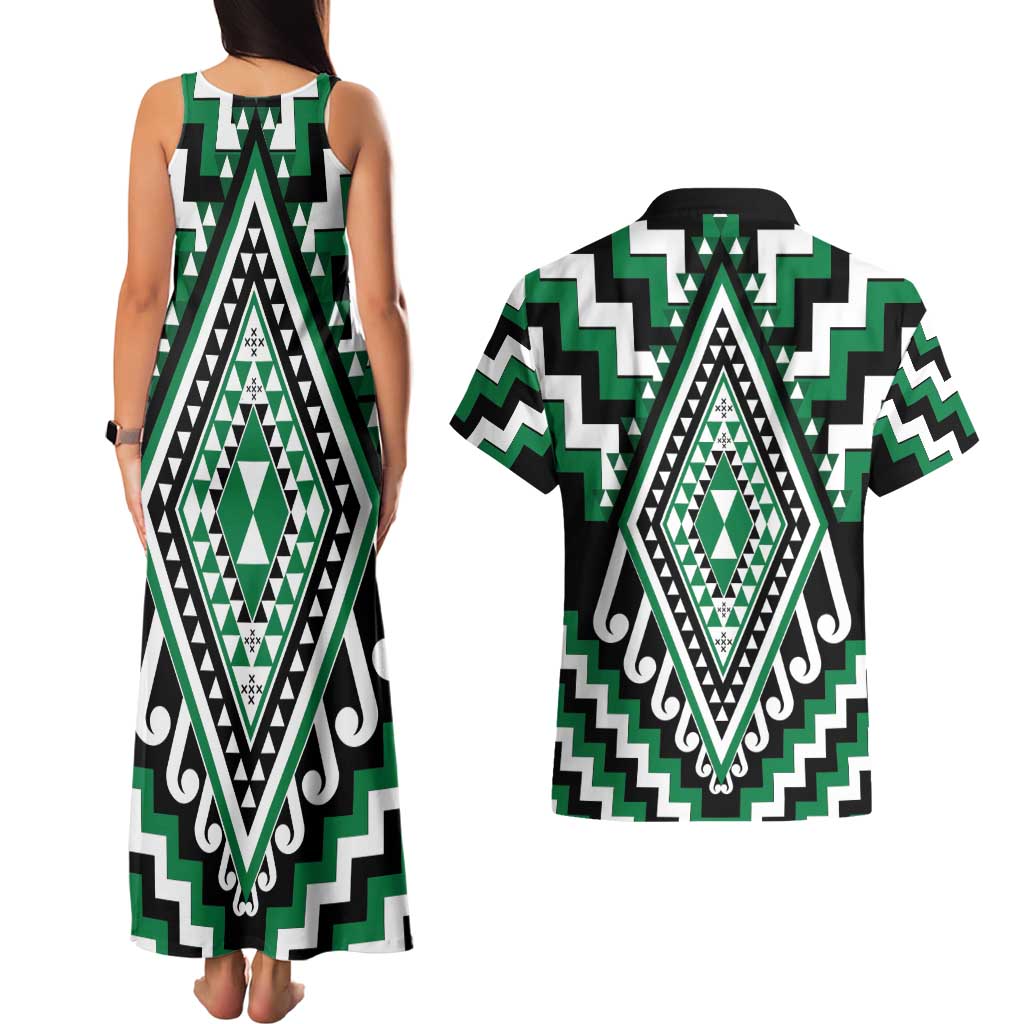Green Aotearoa Taniko Poutama Patikitiki Couples Matching Tank Maxi Dress and Hawaiian Shirt