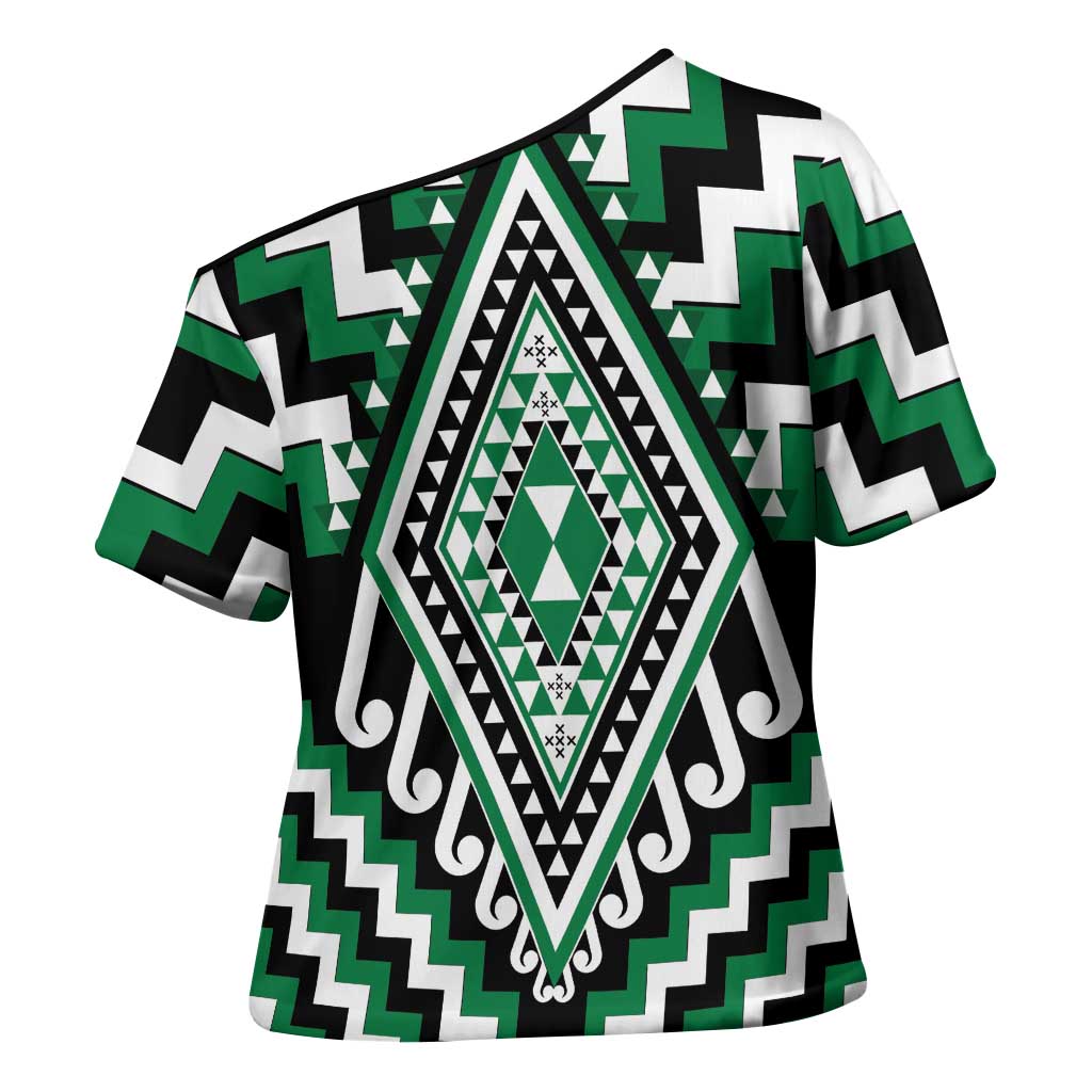 Green New Zealand Taniko Poutama Patikitiki Cross Shoulder Shirt - Polynesian Pride