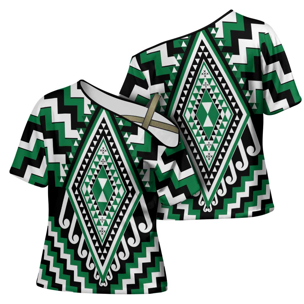 Green New Zealand Taniko Poutama Patikitiki Cross Shoulder Shirt - Polynesian Pride