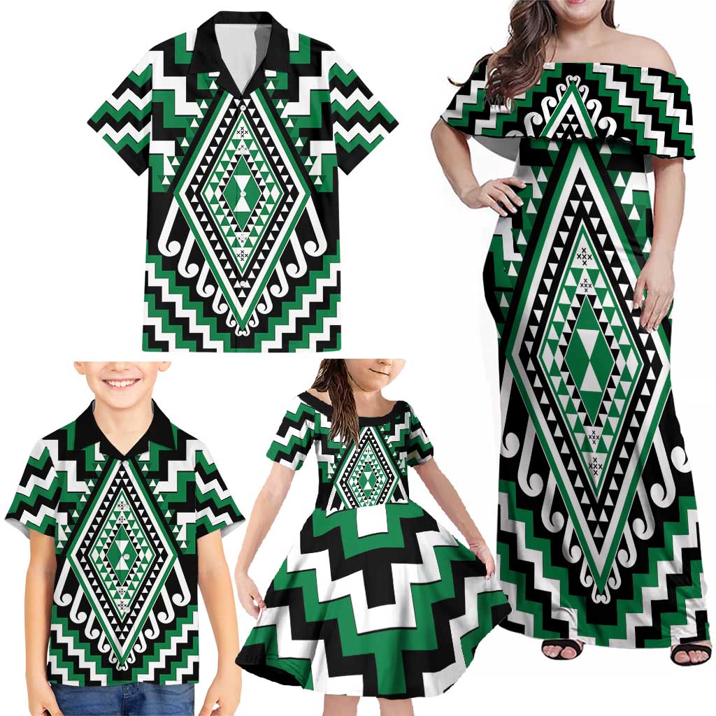 Green Aotearoa Taniko Poutama Patikitiki Family Matching Off Shoulder Maxi Dress and Hawaiian Shirt