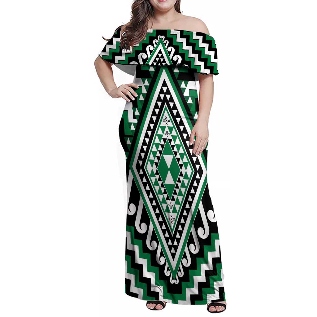 Green Aotearoa Taniko Poutama Patikitiki Family Matching Off Shoulder Maxi Dress and Hawaiian Shirt