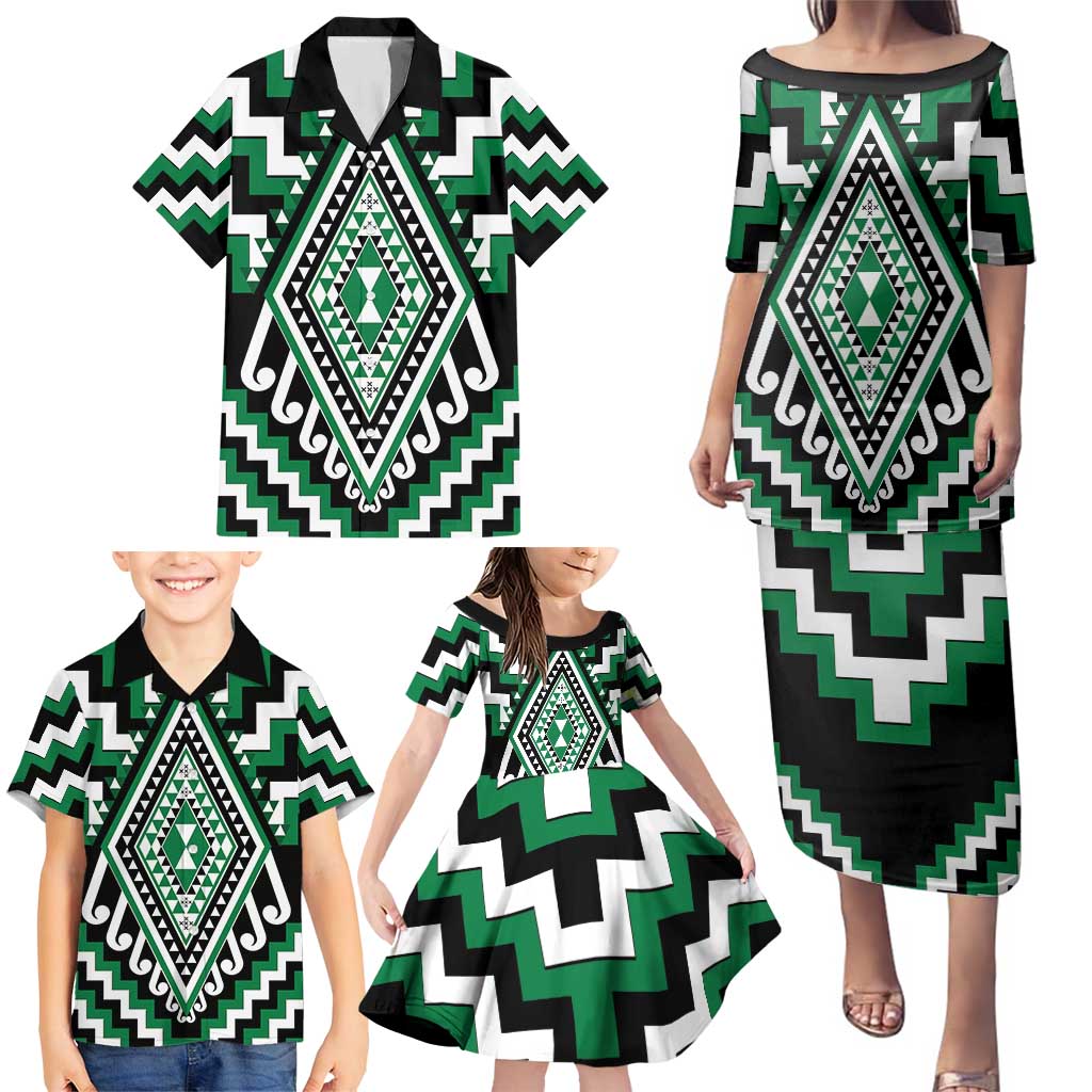 Green Aotearoa Taniko Poutama Patikitiki Family Matching Puletasi and Hawaiian Shirt