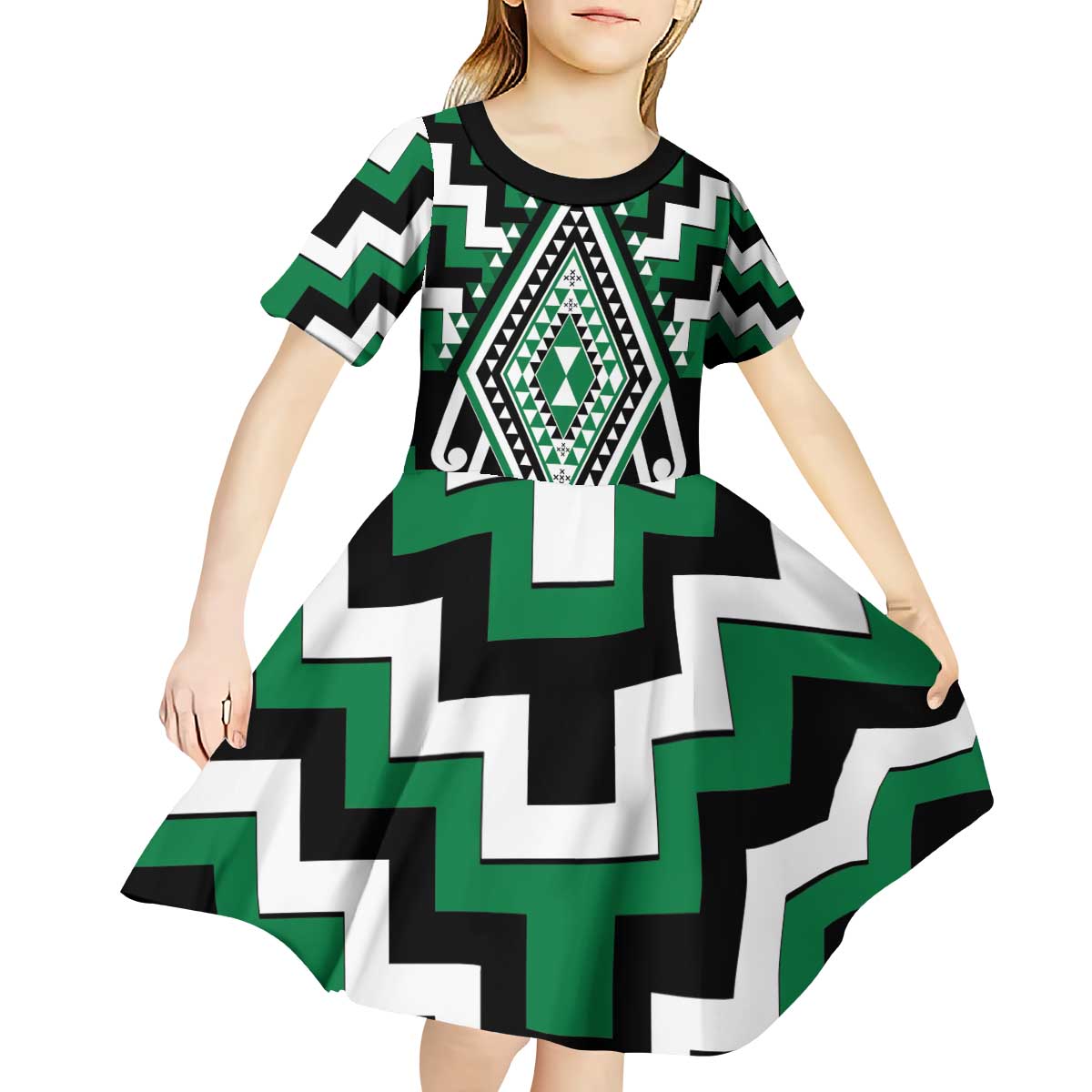 Green Aotearoa Taniko Poutama Patikitiki Kid Short Sleeve Dress