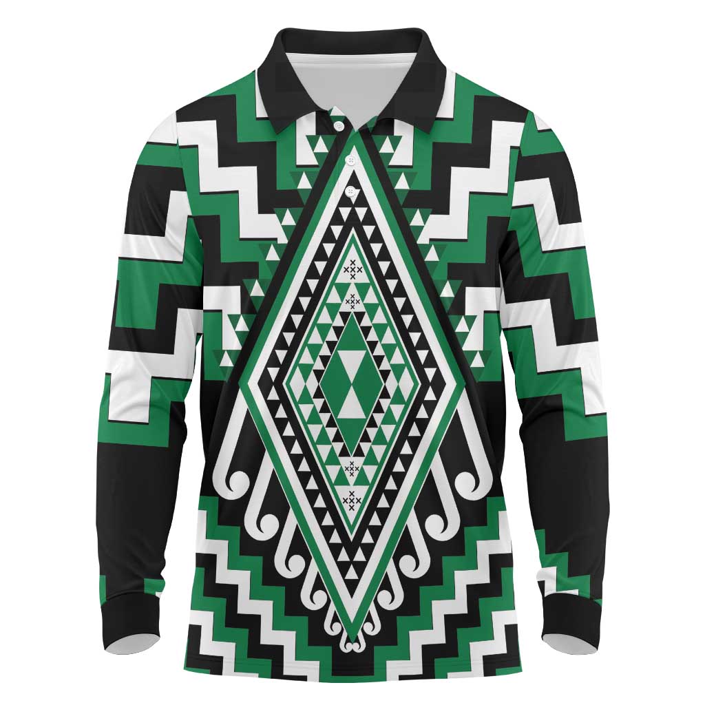 Green Aotearoa Taniko Poutama Patikitiki Long Sleeve Polo Shirt