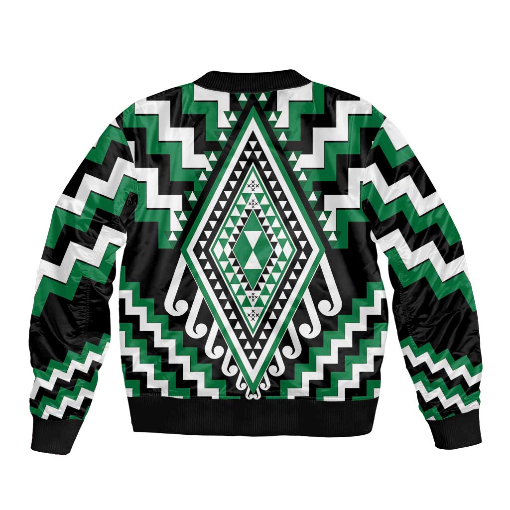 Green Aotearoa Taniko Poutama Patikitiki Sleeve Zip Bomber Jacket LT14 - Polynesian Pride