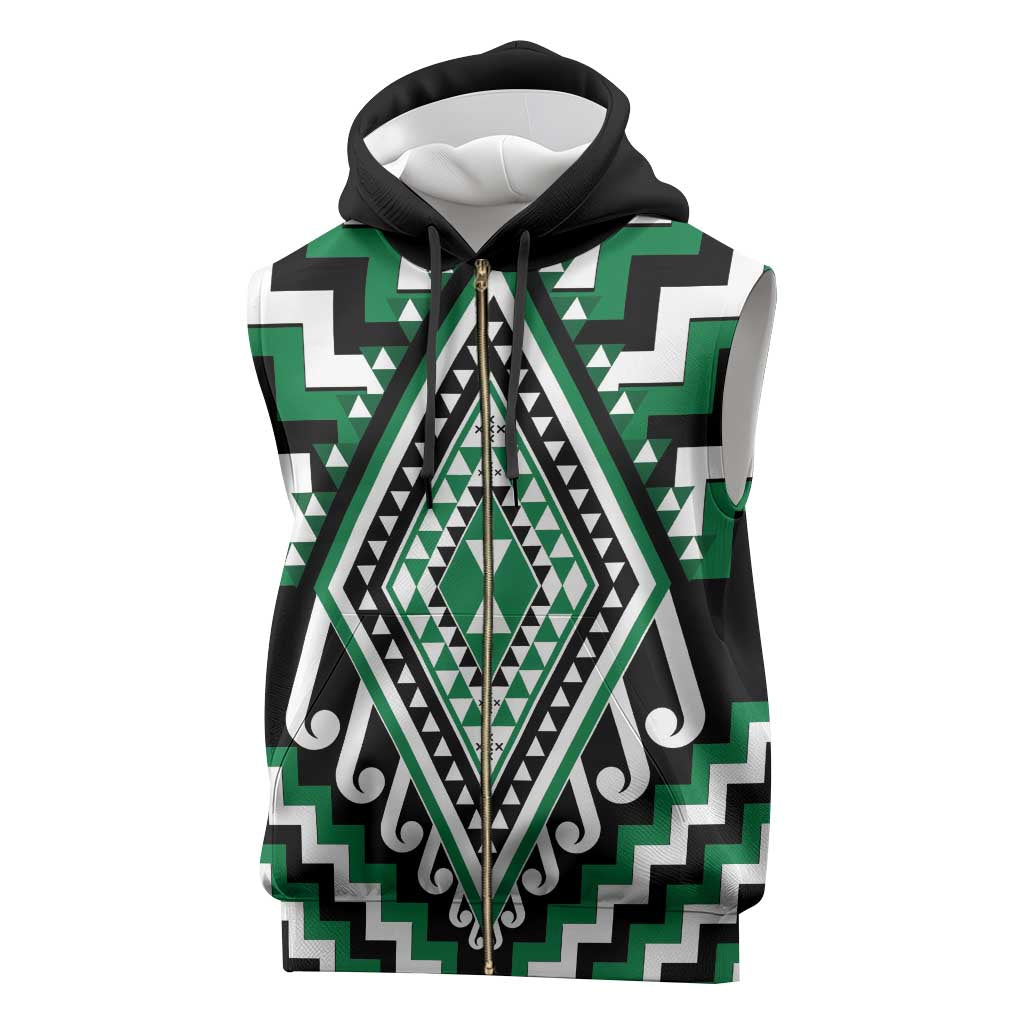 Green New Zealand Taniko Poutama Patikitiki Sleeveless Zip Hoodie - Polynesian Pride