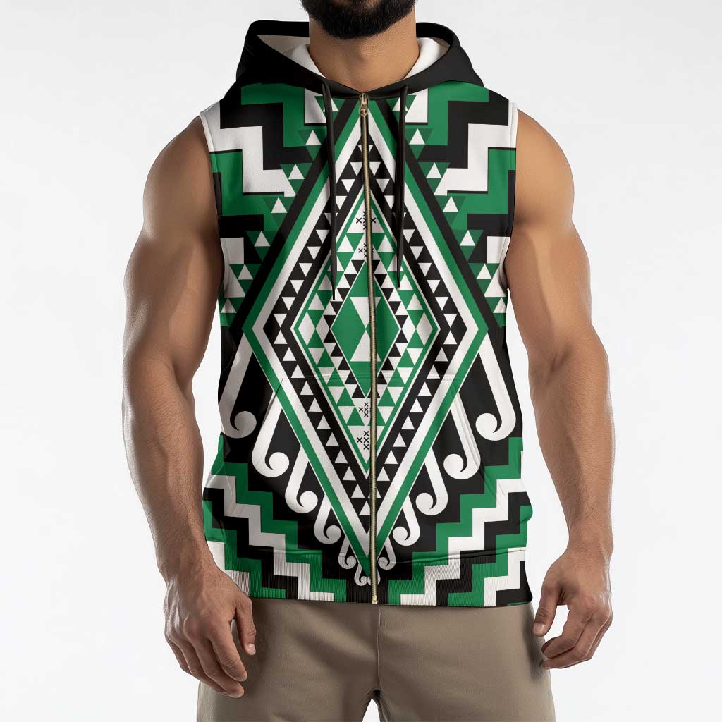 Green New Zealand Taniko Poutama Patikitiki Sleeveless Zip Hoodie - Polynesian Pride