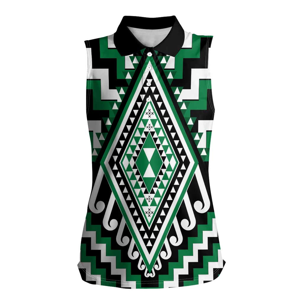 Green Aotearoa Taniko Poutama Patikitiki Women Sleeveless Polo Shirt