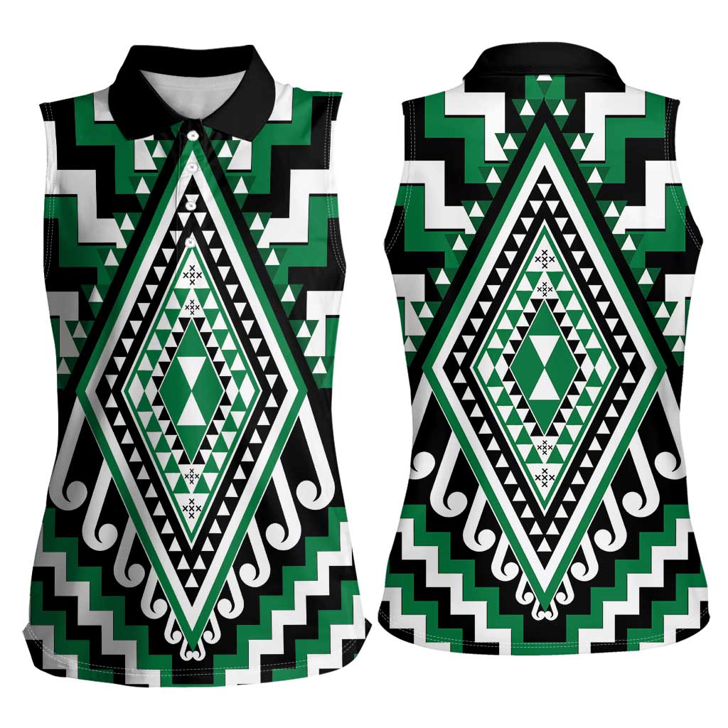 Green Aotearoa Taniko Poutama Patikitiki Women Sleeveless Polo Shirt