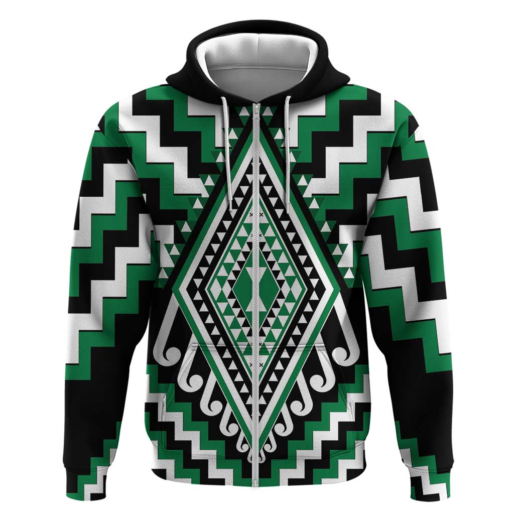 Green Aotearoa Taniko Poutama Patikitiki Zip Hoodie LT14 Zip Hoodie Green - Polynesian Pride