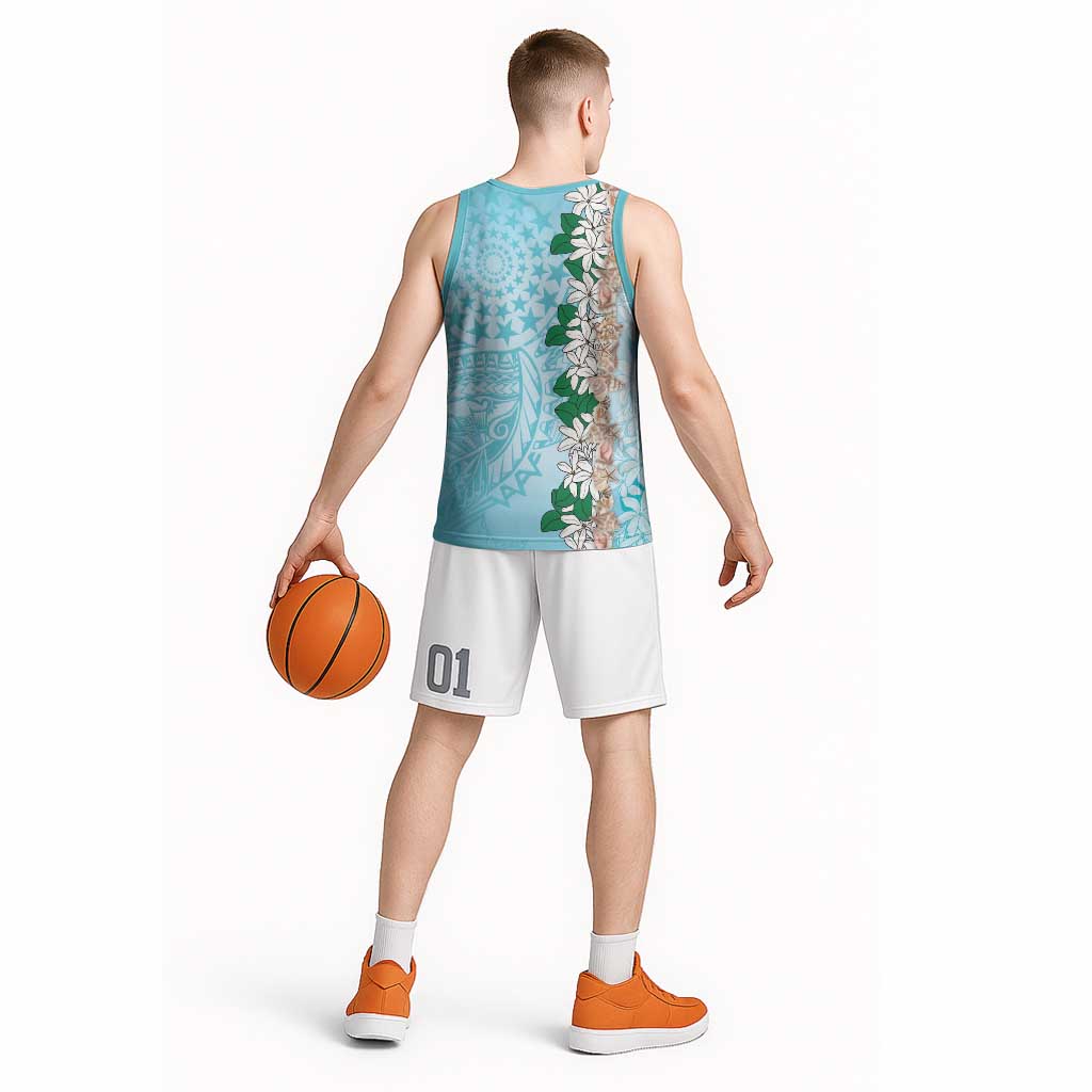 Cook Islands Tiare Maori With Conch Shell Basketball Jersey Pasifika Fest Polynesian Tattoo Turquoise LT14 - Polynesian Pride