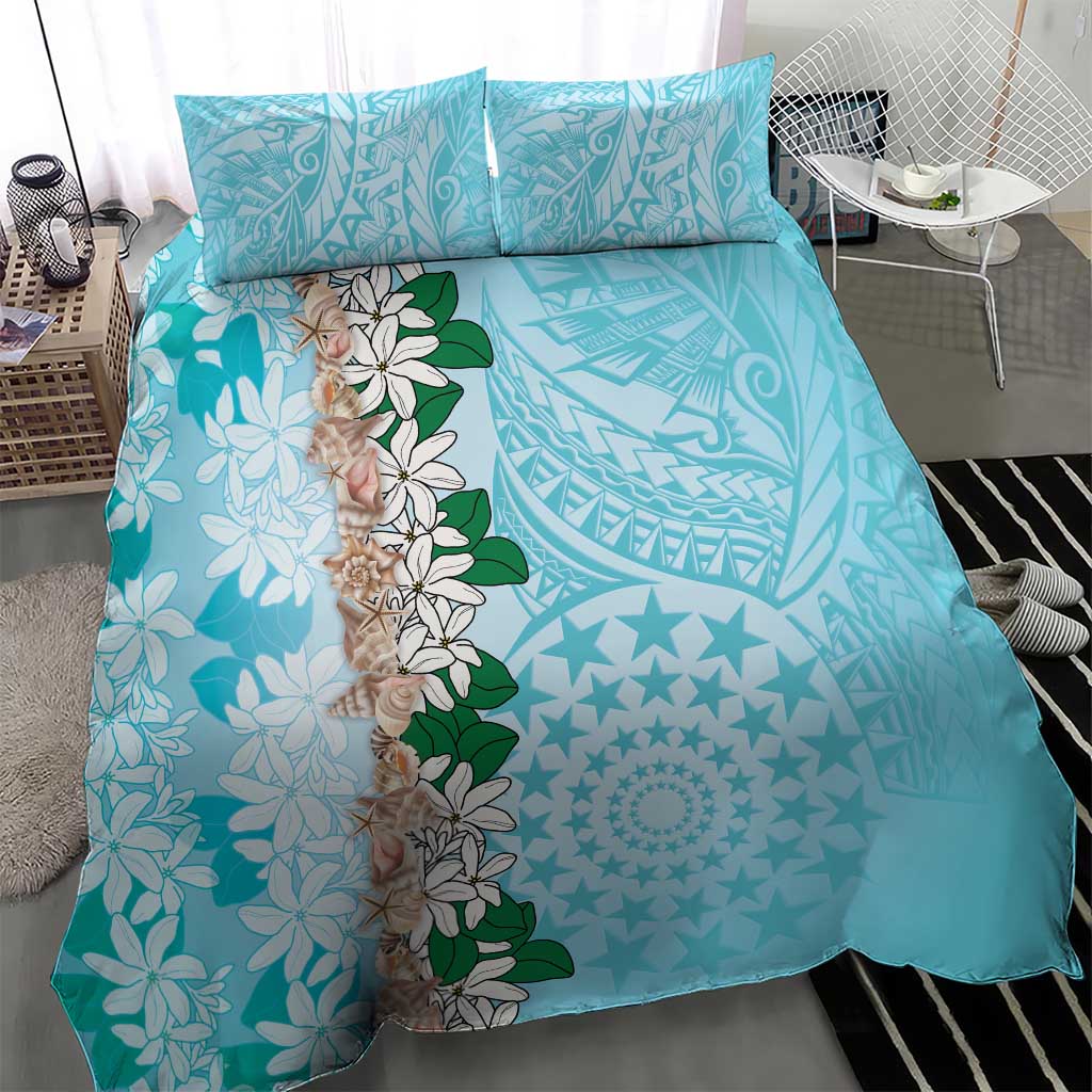 Cook Islands Tiare Maori With Conch Shell Bedding Set Pasifika Fest Polynesian Tattoo Turquoise