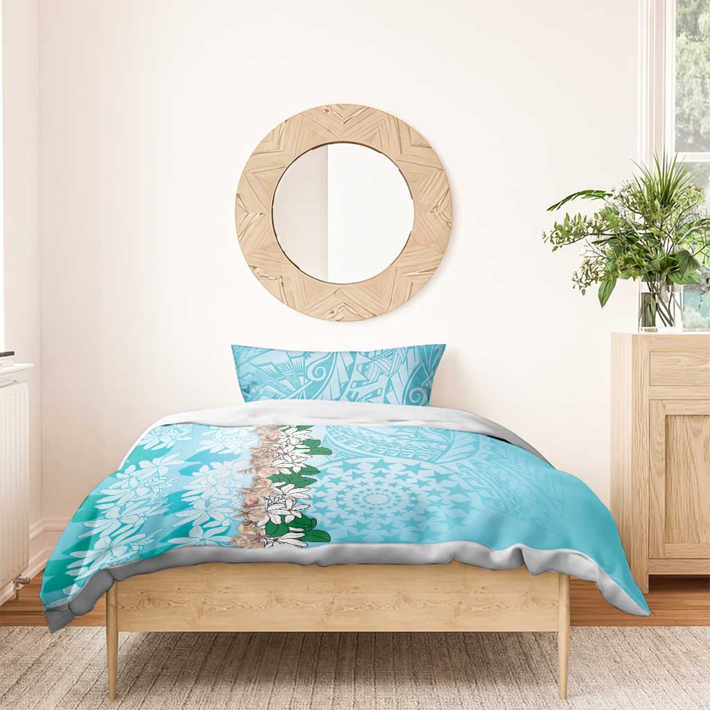 Cook Islands Tiare Maori With Conch Shell Bedding Set Pasifika Fest Polynesian Tattoo Turquoise