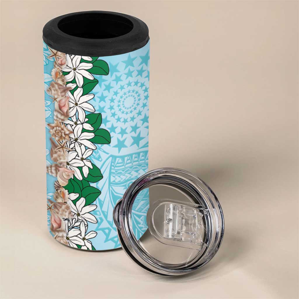 Cook Islands Tiare Maori With Conch Shell 4 in 1 Can Cooler Tumbler Pasifika Fest Polynesian Tattoo Turquoise
