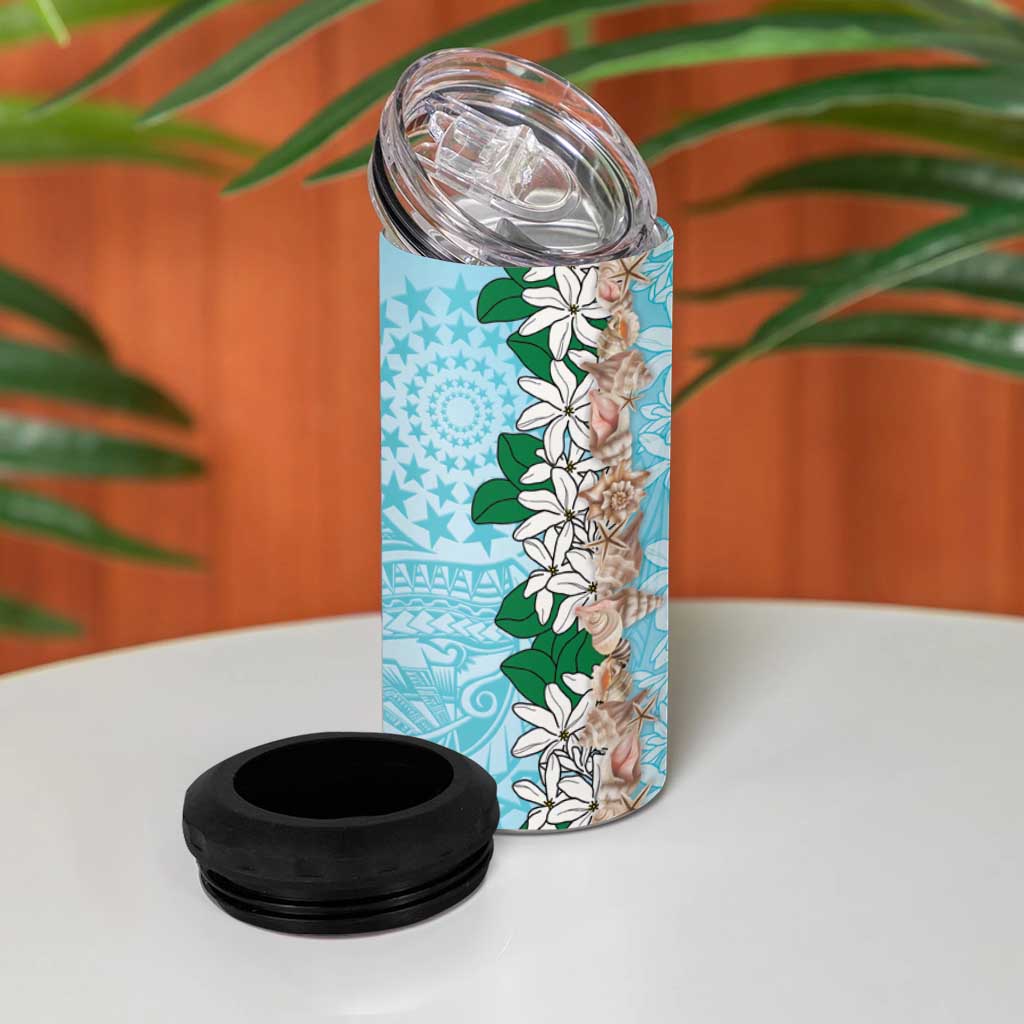 Cook Islands Tiare Maori With Conch Shell 4 in 1 Can Cooler Tumbler Pasifika Fest Polynesian Tattoo Turquoise