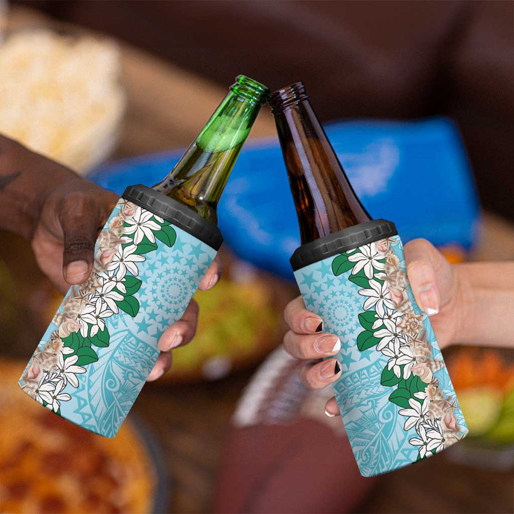 Cook Islands Tiare Maori With Conch Shell 4 in 1 Can Cooler Tumbler Pasifika Fest Polynesian Tattoo Turquoise