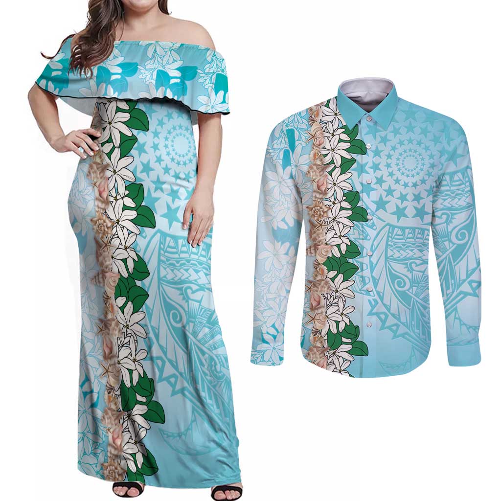 Cook Islands Tiare Maori With Conch Shell Couples Matching Off Shoulder Maxi Dress and Long Sleeve Button Shirt Pasifika Fest Polynesian Tattoo Turquoise