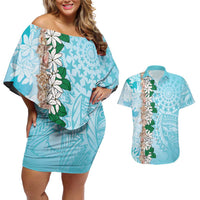 Cook Islands Tiare Maori With Conch Shell Couples Matching Off Shoulder Short Dress and Hawaiian Shirt Pasifika Fest Polynesian Tattoo Turquoise