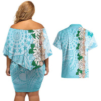 Cook Islands Tiare Maori With Conch Shell Couples Matching Off Shoulder Short Dress and Hawaiian Shirt Pasifika Fest Polynesian Tattoo Turquoise