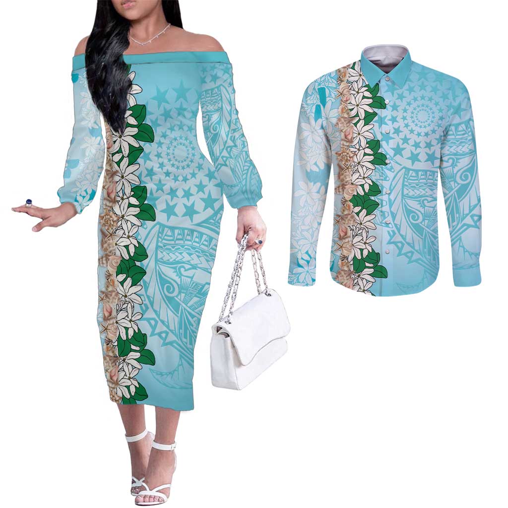 Cook Islands Tiare Maori With Conch Shell Couples Matching Off The Shoulder Long Sleeve Dress and Long Sleeve Button Shirt Pasifika Fest Polynesian Tattoo Turquoise