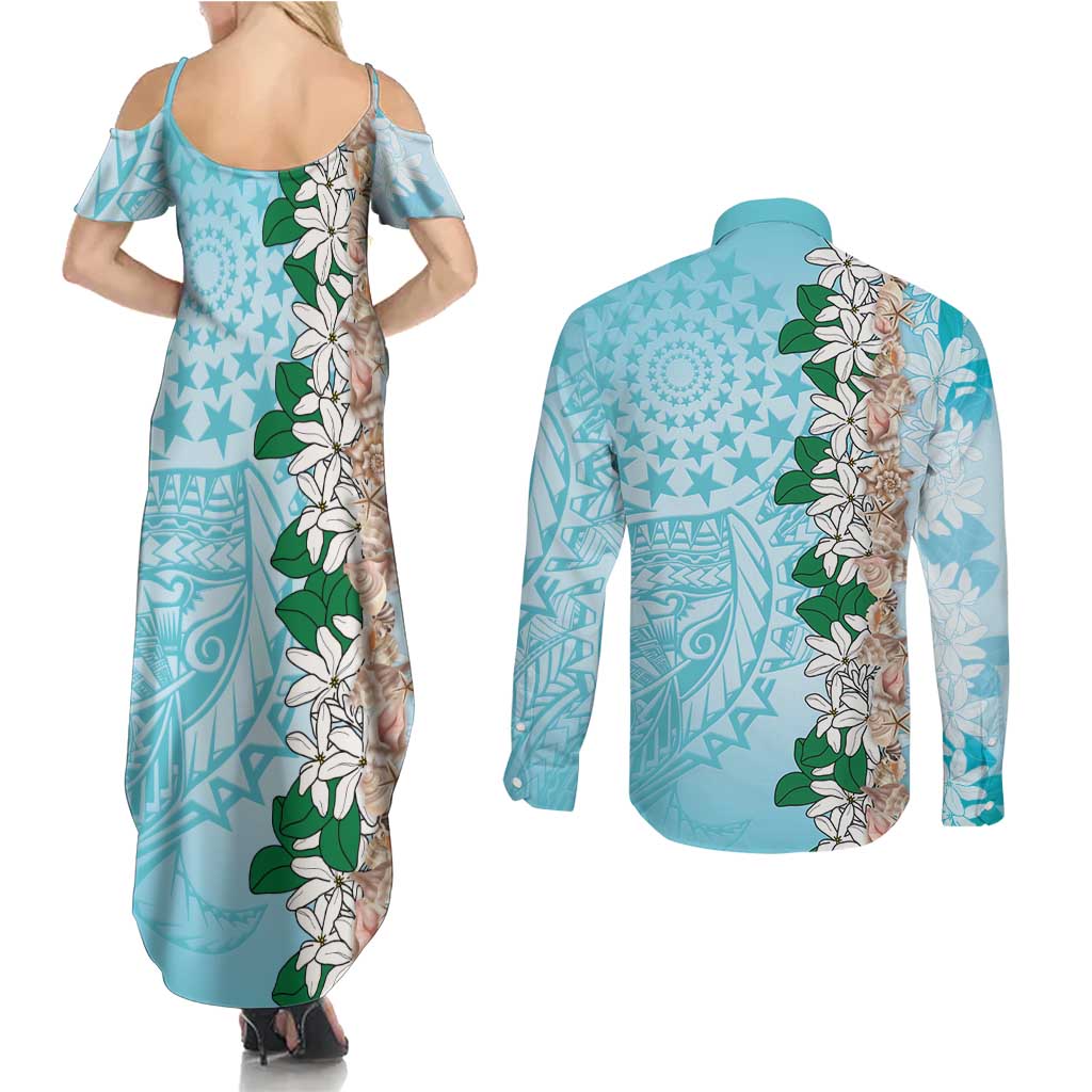 Cook Islands Tiare Maori With Conch Shell Couples Matching Summer Maxi Dress and Long Sleeve Button Shirt Pasifika Fest Polynesian Tattoo Turquoise
