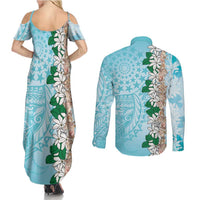 Cook Islands Tiare Maori With Conch Shell Couples Matching Summer Maxi Dress and Long Sleeve Button Shirt Pasifika Fest Polynesian Tattoo Turquoise