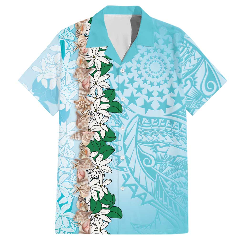 Cook Islands Tiare Maori With Conch Shell Family Matching Off Shoulder Short Dress and Hawaiian Shirt Pasifika Fest Polynesian Tattoo Turquoise LT14 Dad's Shirt - Short Sleeve Turquoise - Polynesian Pride
