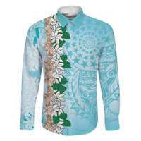 Cook Islands Tiare Maori With Conch Shell Family Matching Short Sleeve Bodycon Dress and Hawaiian Shirt Pasifika Fest Polynesian Tattoo Turquoise LT14 Dad's Shirt - Long Sleeve Turquoise - Polynesian Pride