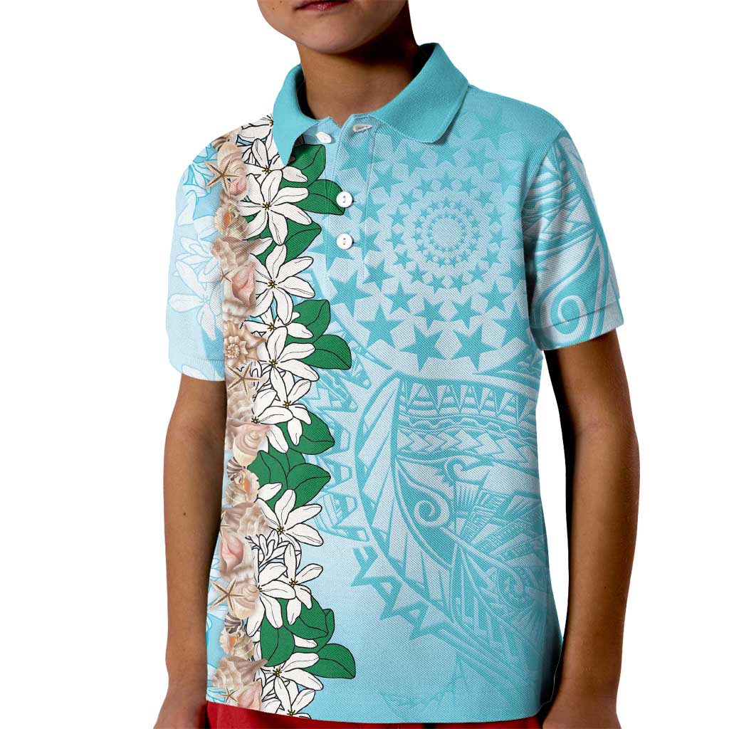 Cook Islands Tiare Maori With Conch Shell Kid Polo Shirt Pasifika Fest Polynesian Tattoo Turquoise