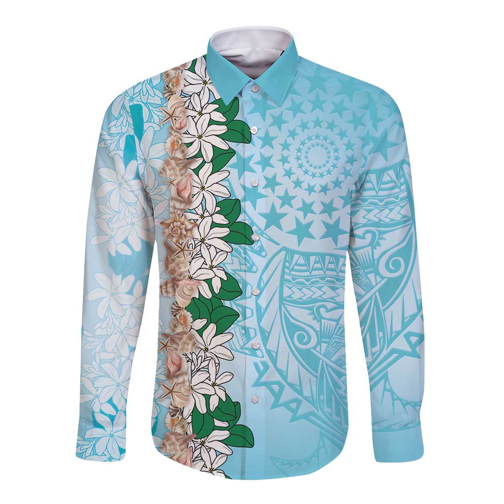 Cook Islands Tiare Maori With Conch Shell Long Sleeve Button Shirt Pasifika Fest Polynesian Tattoo Turquoise
