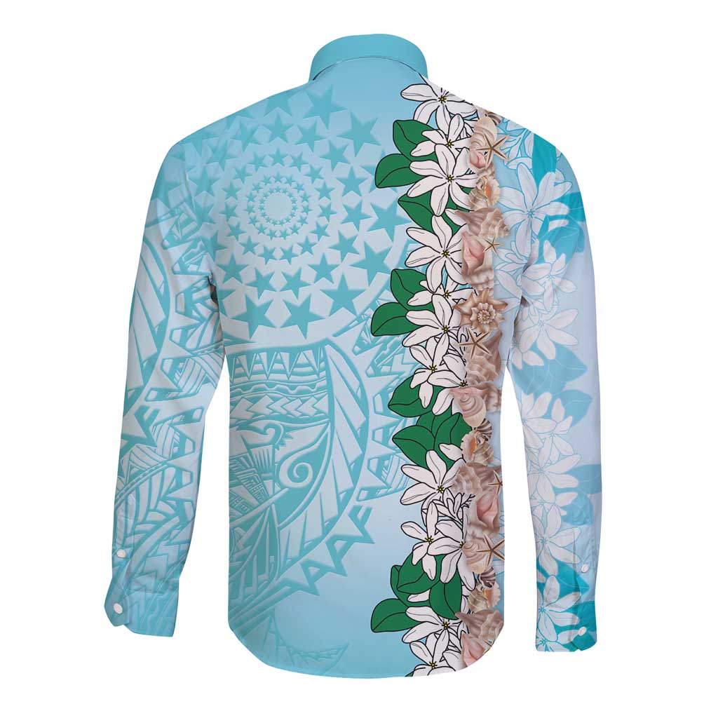 Cook Islands Tiare Maori With Conch Shell Long Sleeve Button Shirt Pasifika Fest Polynesian Tattoo Turquoise