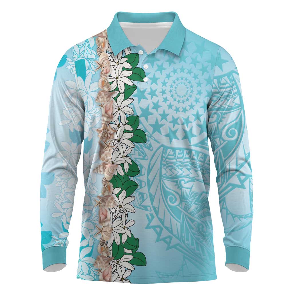 Cook Islands Tiare Maori With Conch Shell Long Sleeve Polo Shirt Pasifika Fest Polynesian Tattoo Turquoise