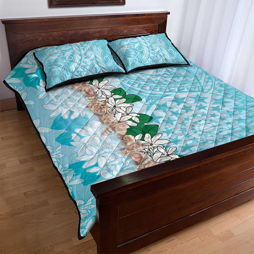 Cook Islands Tiare Maori With Conch Shell Quilt Bed Set Pasifika Fest Polynesian Tattoo Turquoise LT14 - Polynesian Pride