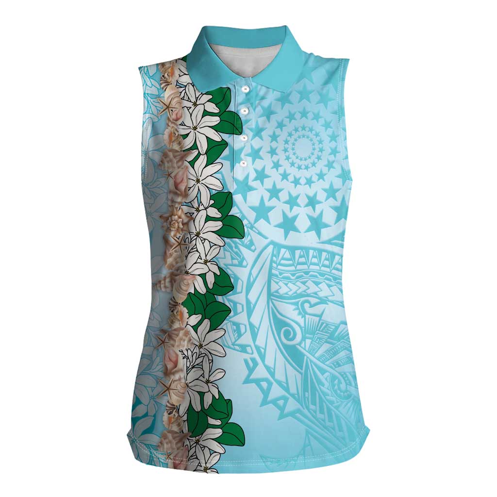 Cook Islands Tiare Maori With Conch Shell Women Sleeveless Polo Shirt Pasifika Fest Polynesian Tattoo Turquoise