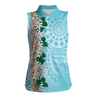 Cook Islands Tiare Maori With Conch Shell Women Sleeveless Polo Shirt Pasifika Fest Polynesian Tattoo Turquoise