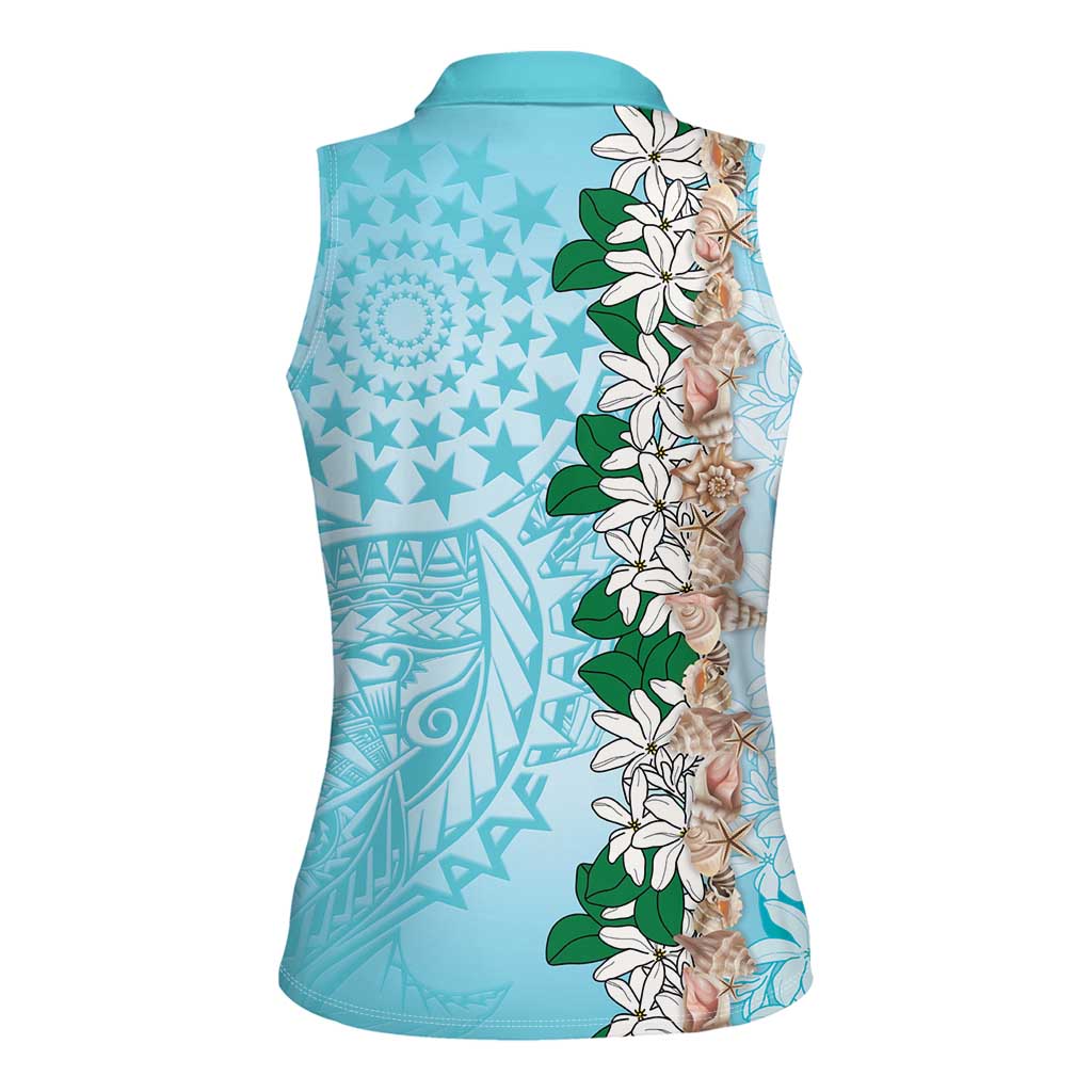 Cook Islands Tiare Maori With Conch Shell Women Sleeveless Polo Shirt Pasifika Fest Polynesian Tattoo Turquoise