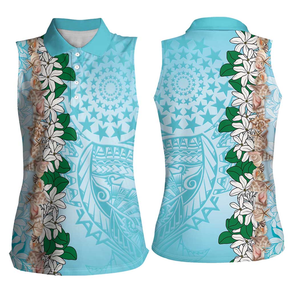 Cook Islands Tiare Maori With Conch Shell Women Sleeveless Polo Shirt Pasifika Fest Polynesian Tattoo Turquoise