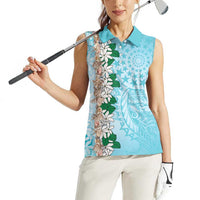Cook Islands Tiare Maori With Conch Shell Women Sleeveless Polo Shirt Pasifika Fest Polynesian Tattoo Turquoise