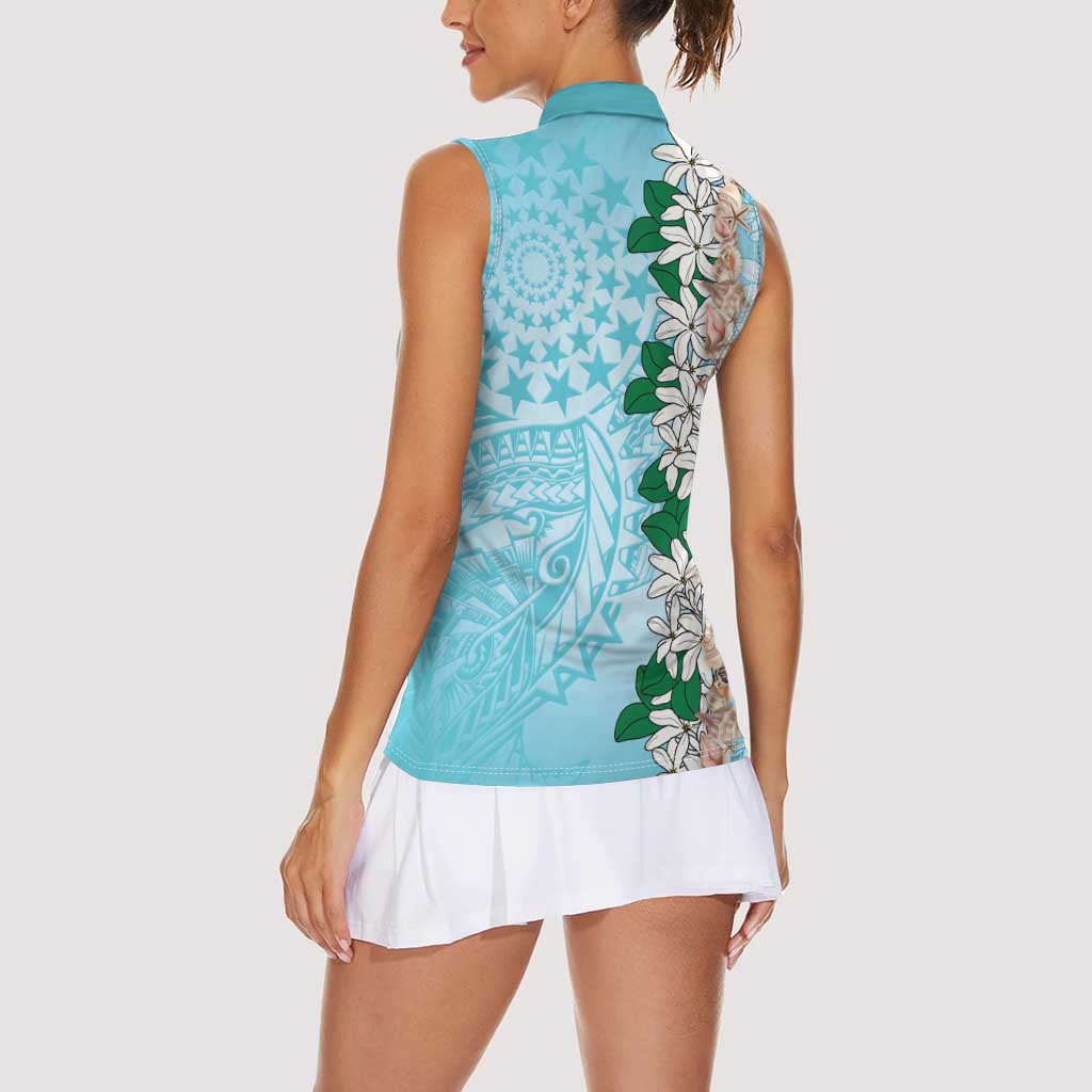 Cook Islands Tiare Maori With Conch Shell Women Sleeveless Polo Shirt Pasifika Fest Polynesian Tattoo Turquoise