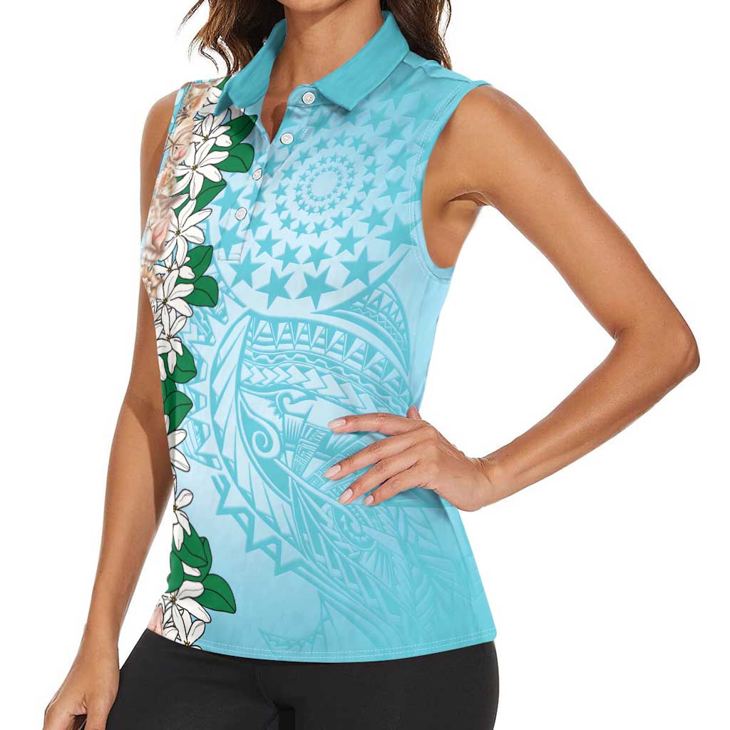 Cook Islands Tiare Maori With Conch Shell Women Sleeveless Polo Shirt Pasifika Fest Polynesian Tattoo Turquoise