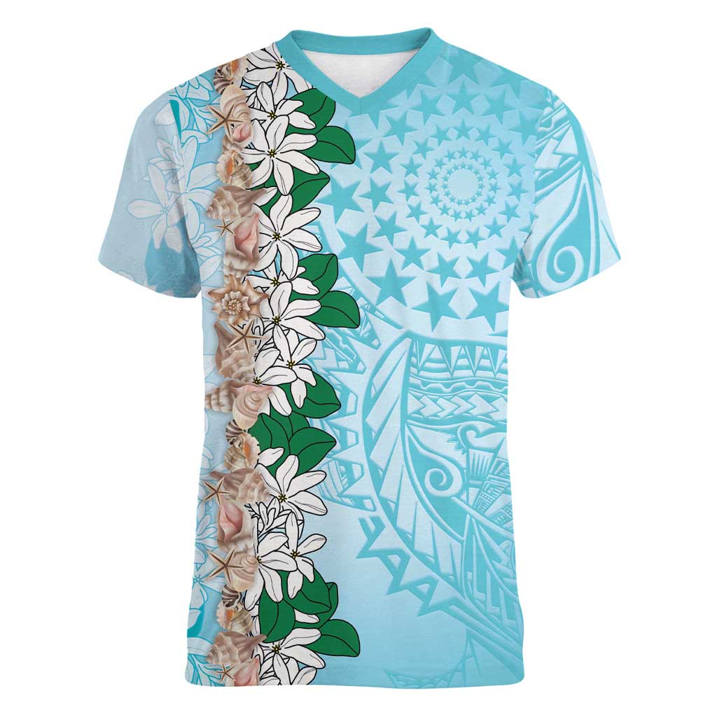 Cook Islands Tiare Maori With Conch Shell Women V-Neck T-Shirt Pasifika Fest Polynesian Tattoo Turquoise