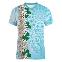 Cook Islands Tiare Maori With Conch Shell Women V-Neck T-Shirt Pasifika Fest Polynesian Tattoo Turquoise
