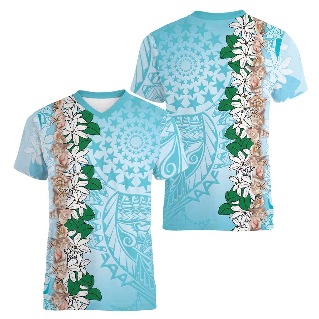 Cook Islands Tiare Maori With Conch Shell Women V-Neck T-Shirt Pasifika Fest Polynesian Tattoo Turquoise