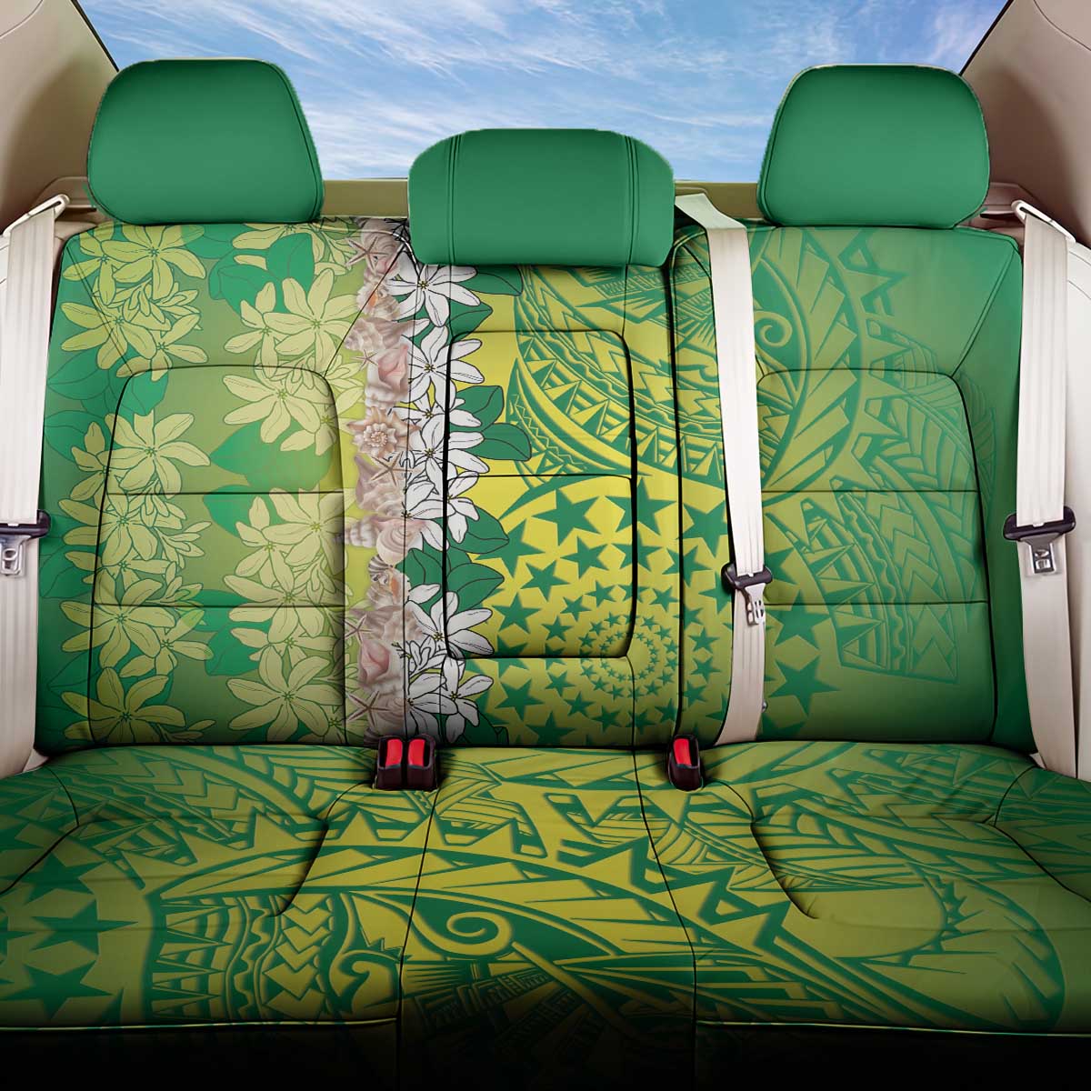 Cook Islands Tiare Maori With Conch Shell Back Car Seat Cover Pasifika Fest Polynesian Tattoo Green