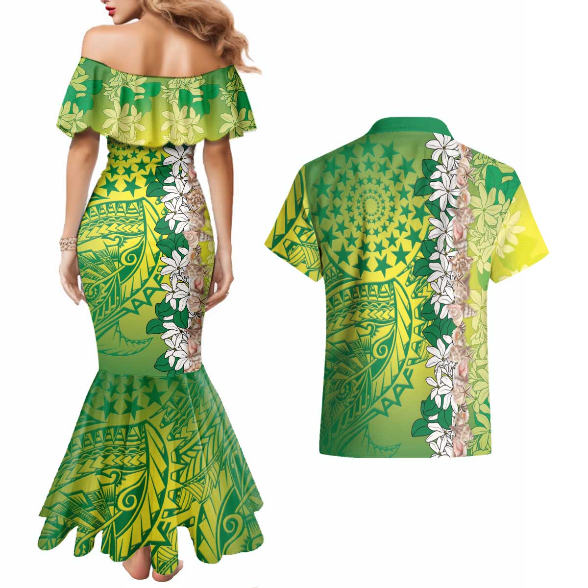 Cook Islands Tiare Maori With Conch Shell Couples Matching Mermaid Dress and Hawaiian Shirt Pasifika Fest Polynesian Tattoo Green