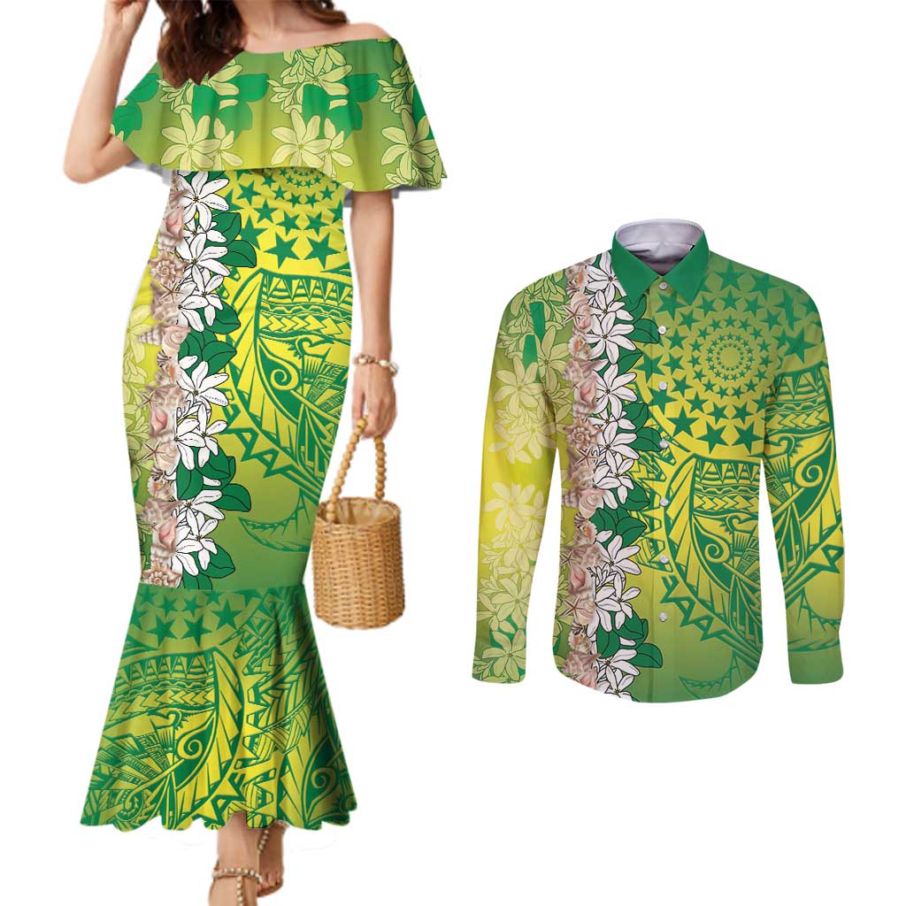 Cook Islands Tiare Maori With Conch Shell Couples Matching Mermaid Dress and Long Sleeve Button Shirt Pasifika Fest Polynesian Tattoo Green