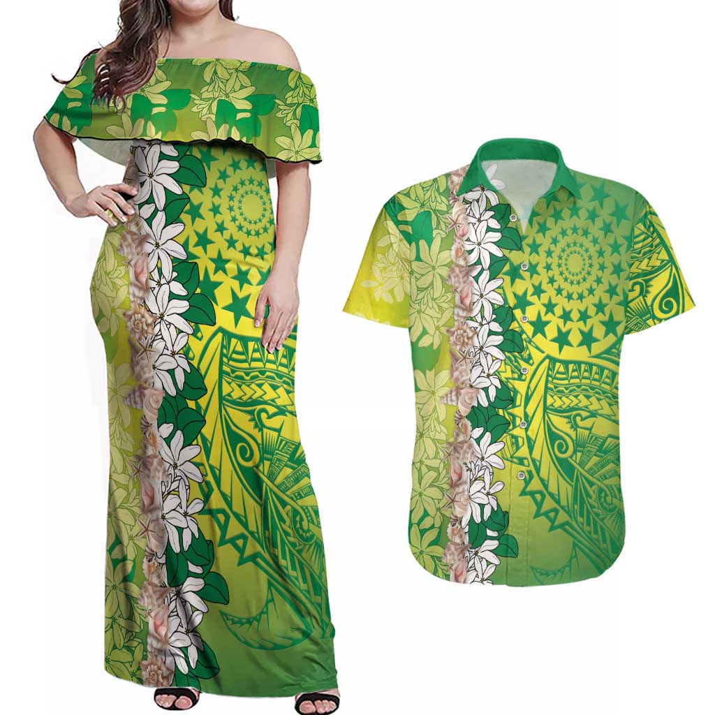 Cook Islands Tiare Maori With Conch Shell Couples Matching Off Shoulder Maxi Dress and Hawaiian Shirt Pasifika Fest Polynesian Tattoo Green