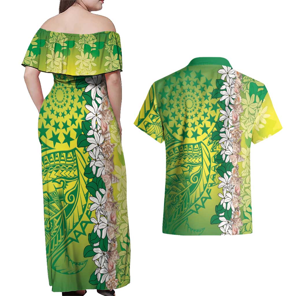 Cook Islands Tiare Maori With Conch Shell Couples Matching Off Shoulder Maxi Dress and Hawaiian Shirt Pasifika Fest Polynesian Tattoo Green