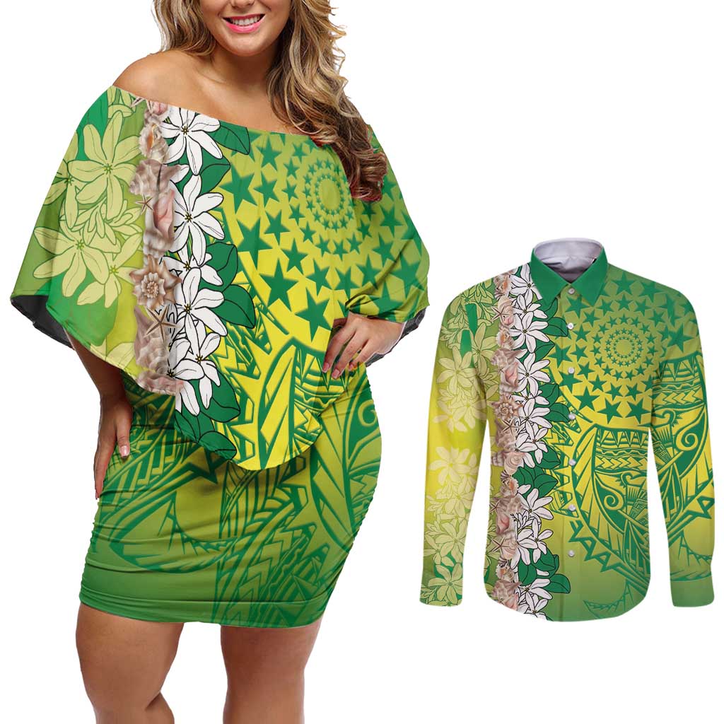 Cook Islands Tiare Maori With Conch Shell Couples Matching Off Shoulder Short Dress and Long Sleeve Button Shirt Pasifika Fest Polynesian Tattoo Green